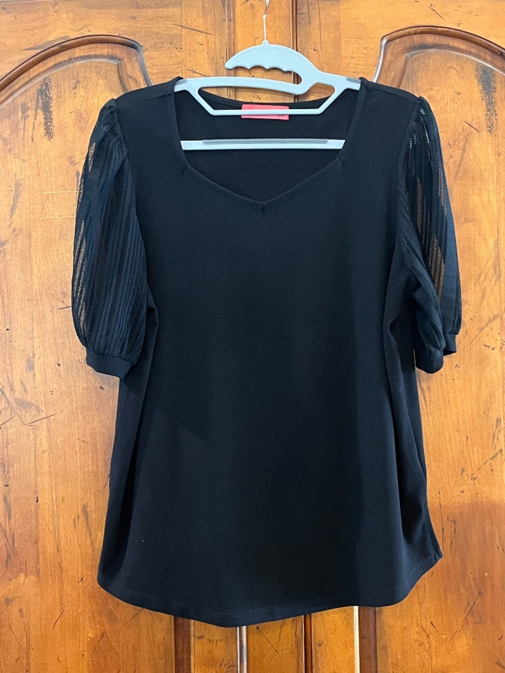 Love Scarlett Black Mesh Puff Sleeve V-Neck Blouse Top Size M